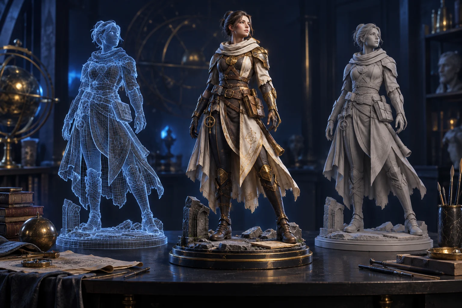 Character production concept showing wireframe, materials and sculpt